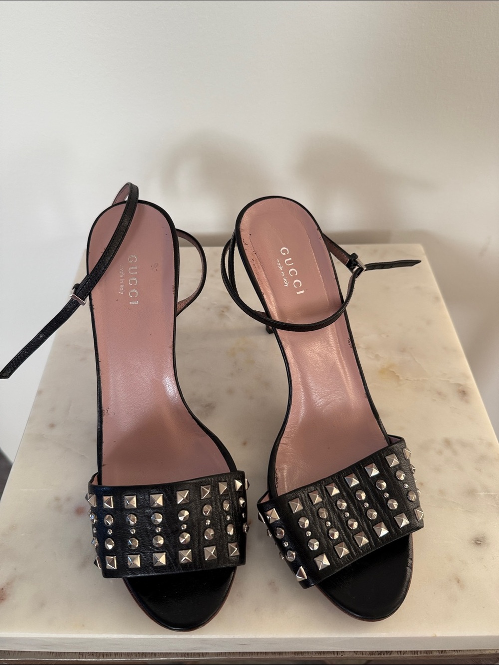 Gucci Black Leather Studded Ankle-Strap Sandals with Pink Insole